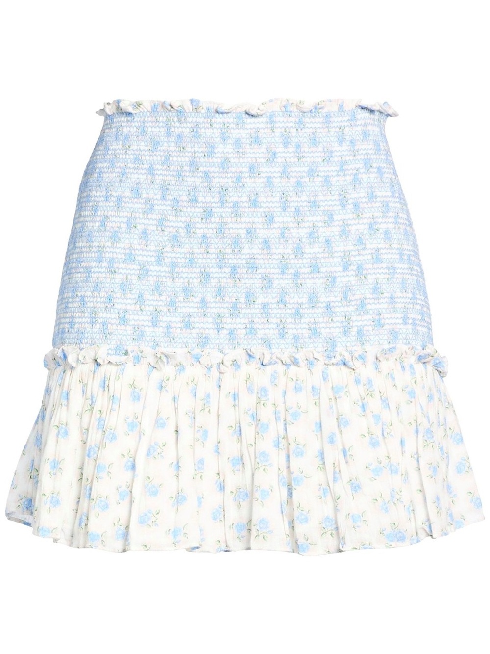 LoveShackFancy Light Blue Floral Smocked Mini Skirt with Ruffle Hem